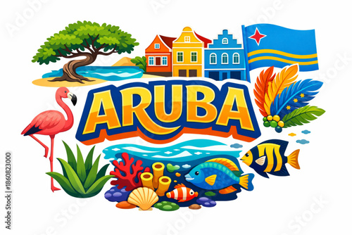 Aruba culture vector illustration with Caribbean architecture wildlife nature and national symbols