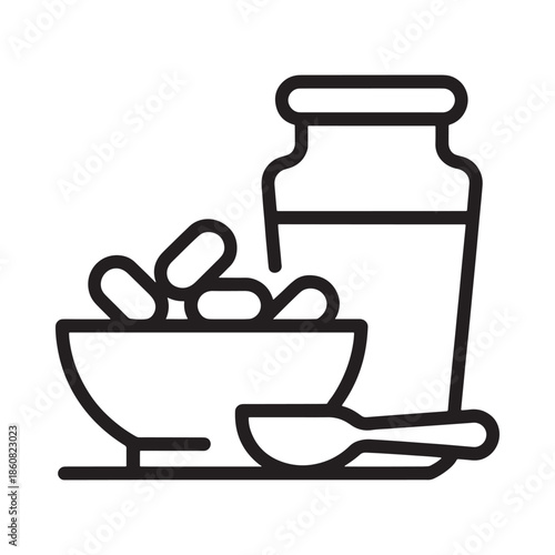 Line drawing of pills a jar a bowl and a teaspoon