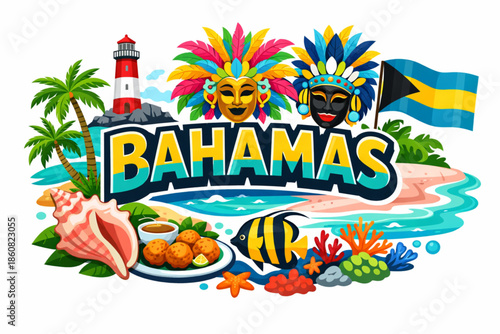 Bahamas culture vector illustration with beach festival cuisine marine life and national symbols