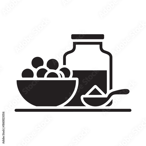 A simple black and white illustration of a jar bowl and spoon