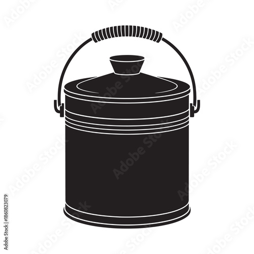 Simple black and white illustration of a traditional bucket with a lid