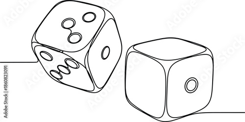 Continuous line drawing of two rolling dice with pips, minimalist vector art for gambling, board games, luck, risk, and tabletop gaming.