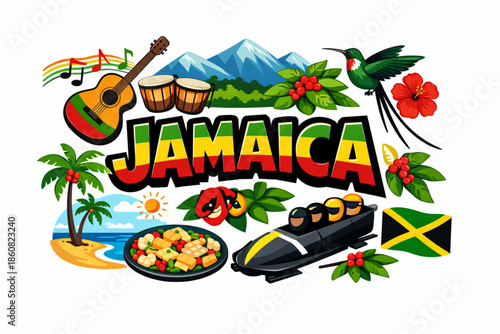Jamaica culture vector illustration with reggae mountains wildlife cuisine and national symbols