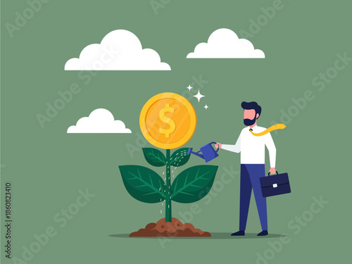 A professional businessman holds a briefcase while watering a plant topped with a shining gold dollar coin, illustrating the rewarding concept of nurturing investments for long-term financial growth