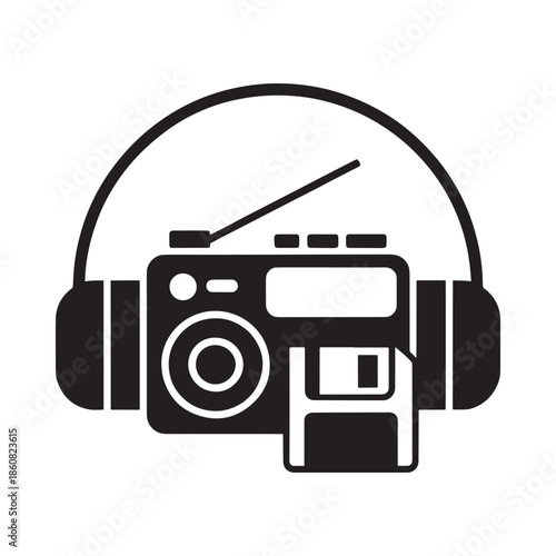 Retro radio with headphones and floppy disk icon in black and white