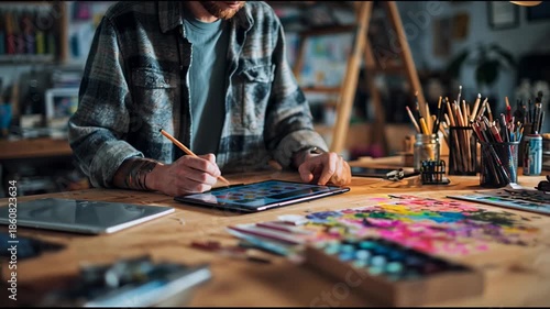 Digital Artist Creating Artwork on Tablet in Studio