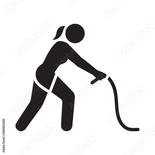 A simple black silhouette of a woman using a garden hose