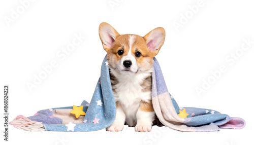A cute, young corgi puppy is wrapped in a light blue blanket with stars, looking forward