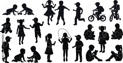 Children silhouette vector set, kids playing, reading, walking, cycling, skipping rope, school activity, childhood fun, outdoor movement, education