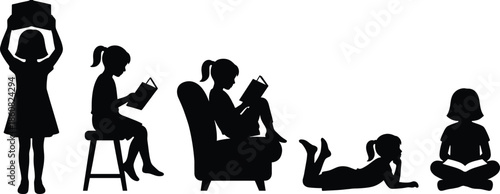 Children reading in various postures, standing, sitting, lying, cross-legged, armchair, stool, showcasing diverse habits, education, learning, literacy, imagination, comfort
