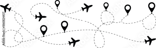 Airplanes flying around the world with location pins on a map