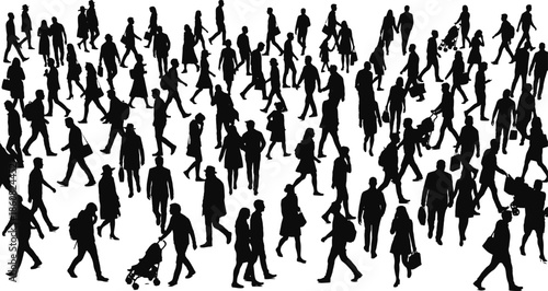 Urban crowd silhouette walking in diverse directions, people with bags, strollers, backpacks, casual outfits, city lifestyle, public space, social interaction, movement, vector illustration