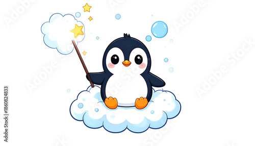 Adorable cartoon penguin with a wand conjuring stars and bubbles, sitting on a cloud