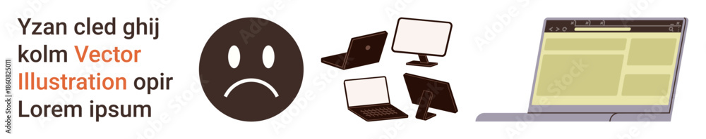 Fototapeta premium Digital communication, web design, user interface problems, online security, negative feedback, internet impact. Sad face, computers and laptop screen design. User interface problems and digital