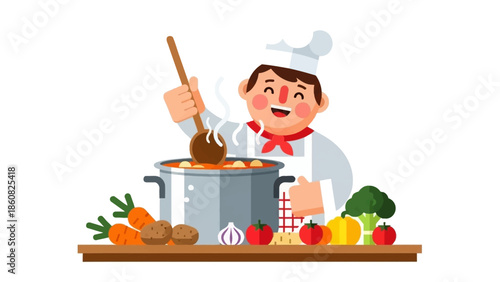 A cheerful cartoon chef stirring a pot of stew surrounded by fresh vegetables on a wooden counter.