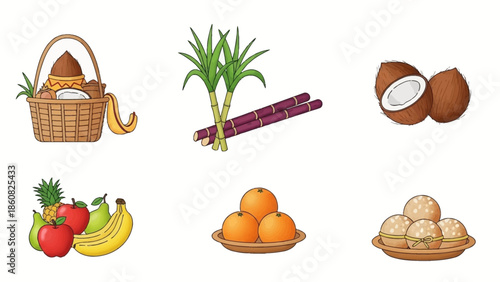 Flat lay of various fruits and offerings for Chhath Puja on a clean white background