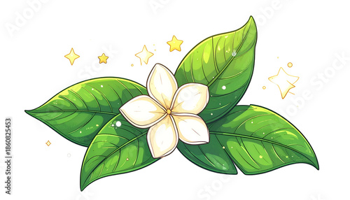 Digital illustration of a white flower, green leaves, and sparkling stars on black
