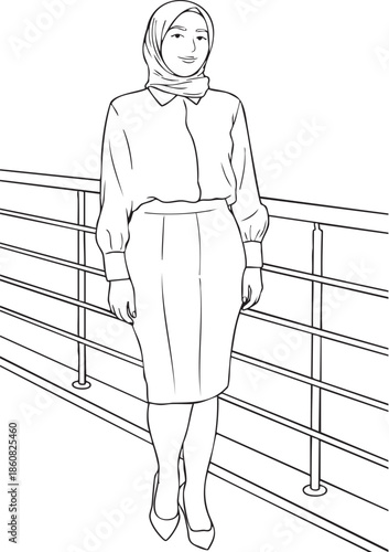 Modern black and white line art illustration of a hijab woman wearing satin shirt, leather pencil skirt and high heels, bold thick lines, minimalist style, print ready ISO size, EPS vector