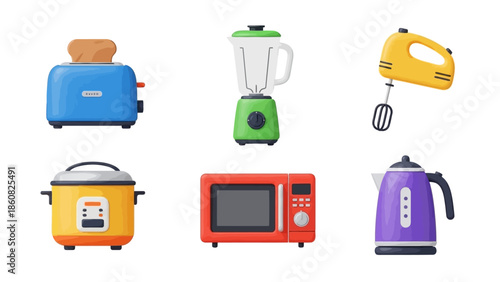 Flat lay of various kitchen appliances and gadgets on a white background