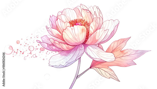 Delicate pink peony bloom with soft petals, stem, leaves, and whimsical accents against black
