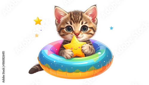 Adorable kitten in a colorful inflatable ring, clutching a smiling star, with starry sparkles