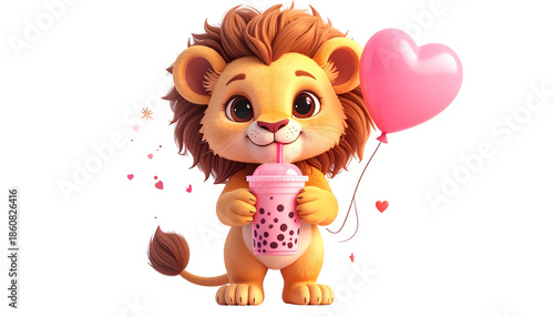 A cute cartoon lion cub holding a pink heart balloon and bubble tea