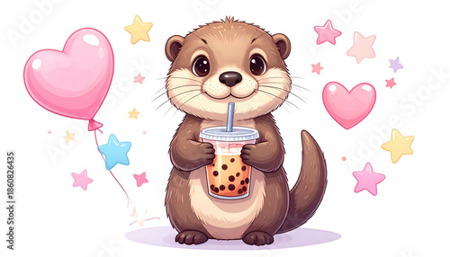 A cute, cartoon otter sips a bubble tea, surrounded by hearts and stars