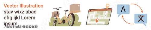 Delivery, navigation, logistics, language translation, communication, and global accessibility. Features a cargo bike, GPS map with location pin and language exchange icons. Delivery and navigation