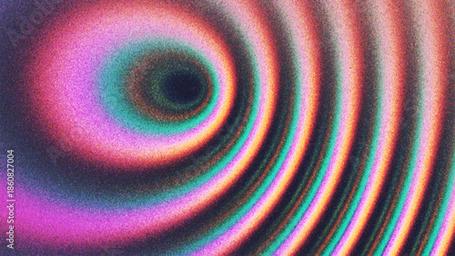 Swirling vortex of iridescent colors and hypnotic abstract rings emerging from center with heavy grainy texture created from thousands of individual dots. Endless pull of colorful whirlpool. Vector