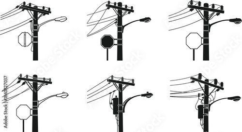 Utility pole illustration, streetlight, power lines, stop sign, urban infrastructure, electrical engineering, vector art, silhouette, technical drawing, city design