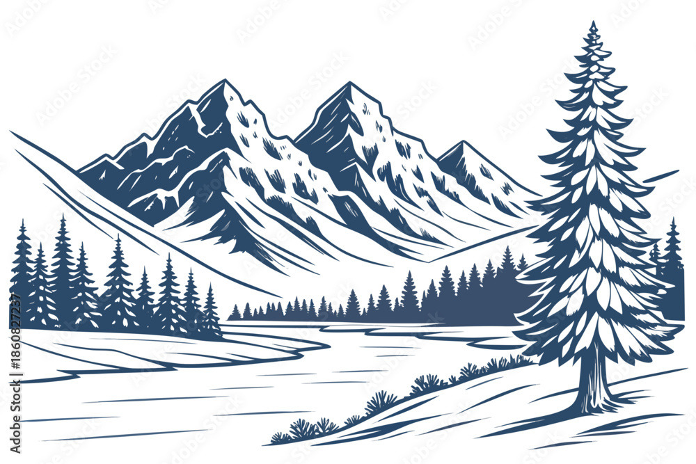 Fototapeta premium Minimal Winter Mountain Landscape Flat Vector