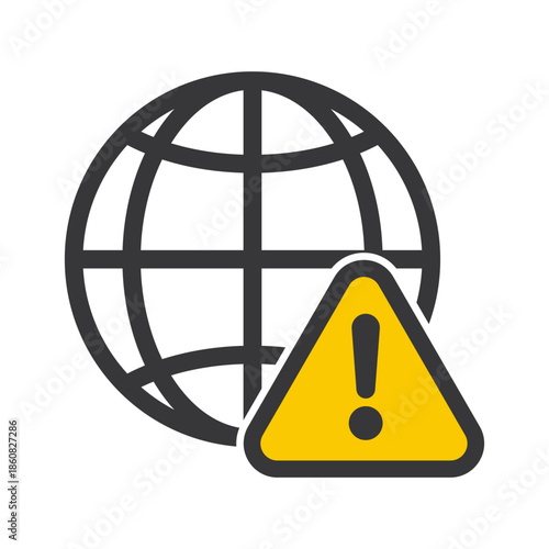 Isolated pictogram combining caution symbol and globe, representing internet browsing warning, digital safety awareness, cybersecurity risk, and global data protection concept.