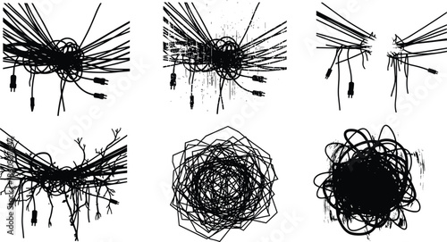 Abstract ink stroke evolution, chaotic brush pattern, black and white texture, artistic transformation, expressive line art, creative disorder illustration