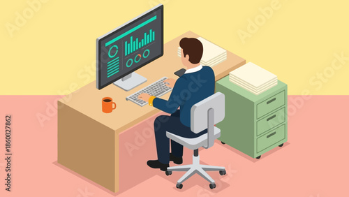 Man working on computer at office desk with filing cabinet.