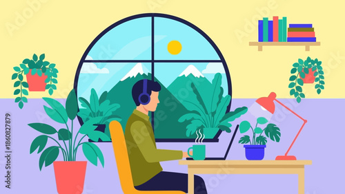 Man working on laptop in a cozy home office surrounded by plants.