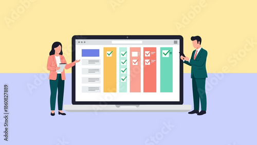 Business professionals analyzing data on a large computer screen with checklist.