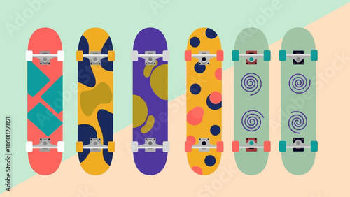 Colorful skateboards with unique designs and patterns.