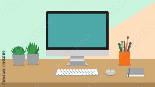 Modern office desk setup with computer and office supplies.