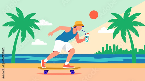Man playing tennis on a skateboard at a tropical beach.