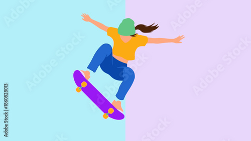 Young woman performing skateboarding trick with arms outstretched.