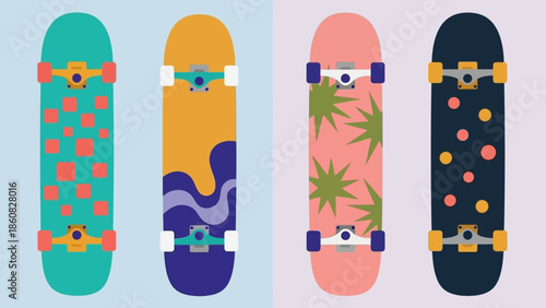 Colorful skateboards with unique designs and patterns.