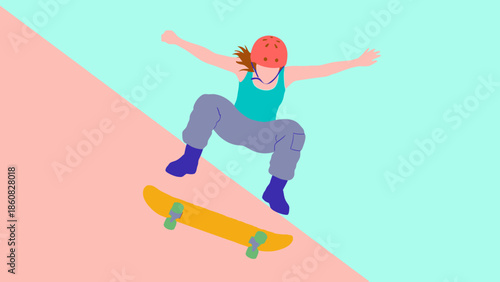 Young woman performing skateboarding trick on ramp.