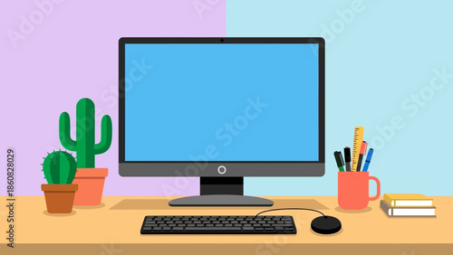 Modern computer setup with keyboard, mouse, and office supplies on a desk.