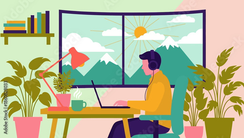 Man working on laptop at desk with plants and scenic view.