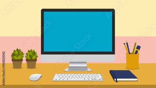 Modern office desk setup with computer and office supplies.