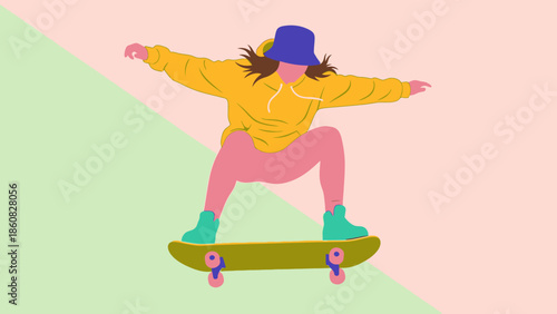 Young woman performing skateboarding trick on a skateboard.