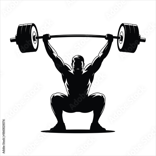 A strong silhouette of a male weightlifter holding a heavy barbell overhead, demonstrating power and discipline