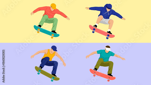 Four skateboarders performing tricks on skateboards in different colored outfits.