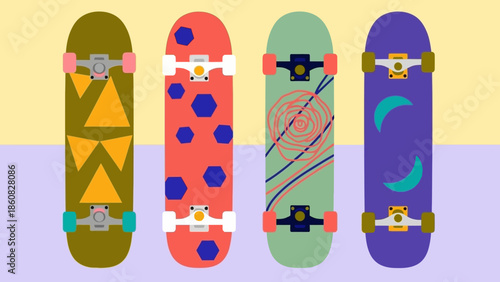 Colorful skateboards with unique designs and patterns.