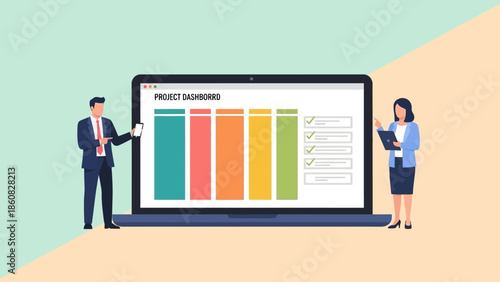 Business professionals analyzing project dashboard on large laptop screen.